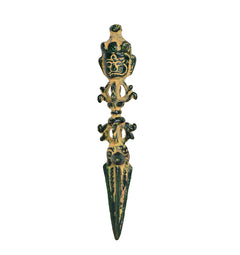 Tall multicolor phurpa dagger pendant with gold face-like figure and flared base