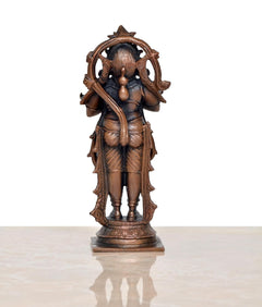 Rückansicht der kupferfarbenen Hanuman-Statue mit reich verziertem Schmuckbogen, Standfuß, 5,5 Zoll