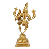 Handcrafted brass Lakshmi Narasimha deity statue, four-armed stance, on pedestal base