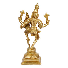 Handcrafted brass Lakshmi Narasimha deity statue, four-armed stance, on pedestal base