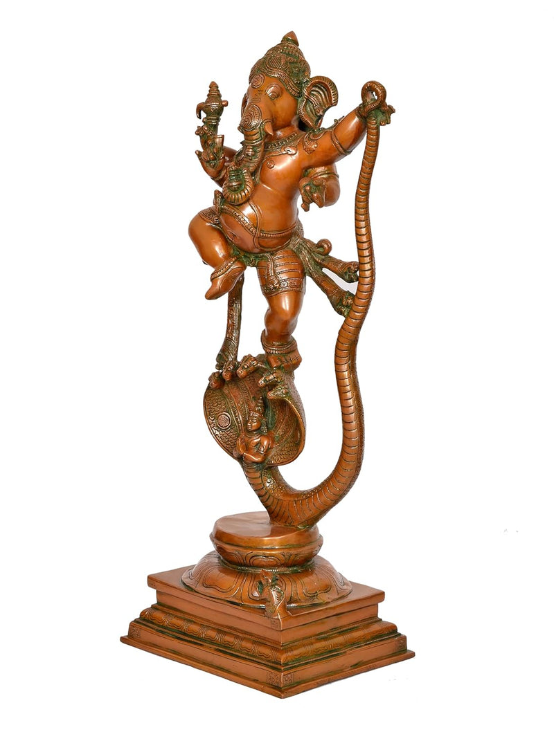 Brass Lord Ganesha Dancing on Serpent Shesha - Hindu Deity Idol for Puja and Gifts (Height 27 Inch)