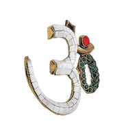 Brass OM wall hanging with white mosaic pattern and teal gemstone details