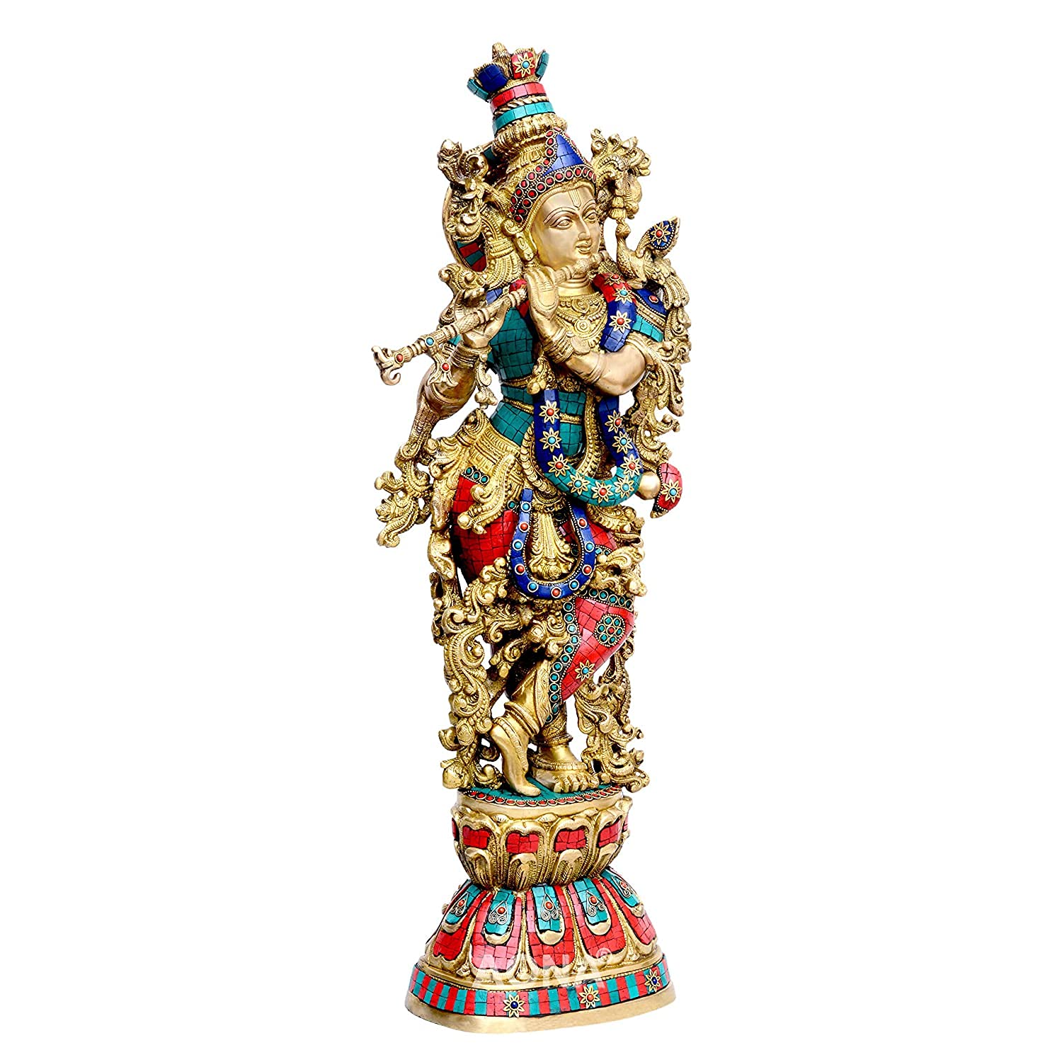 AONA Brass Krishna Idol Krishna Idol Statue Idol Use Multicolour Stone Home Decor Height 29 inches