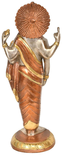Dhanvantari statue with ornate circular headdress, arms raised, gold and copper finish