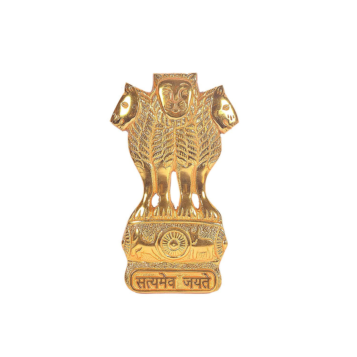 Gold metal Ashoka stambh wall decor front view with lion figures and chakra medallion