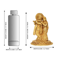 Brass Radha Krishna idol statue, 8-inch height shown with width and depth measures