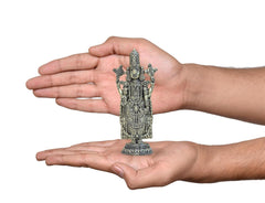 Small brass Balaji idol in hands, front view of standing deity statue
