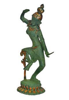 Brass Shiv Parvati dancing statue on circular base, green patina, ornate details