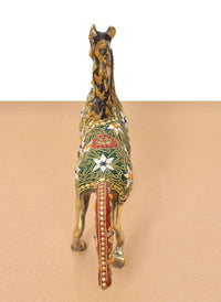 Brass running horse figurine back view, gold mane and multicolor tail panel