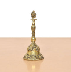 Bronze pooja bell ghanti front view with ornate bell rim and Chakra finial