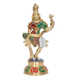 Ardhanarishvara brass murti, multicolor painted back, beaded jewelry details, blue base