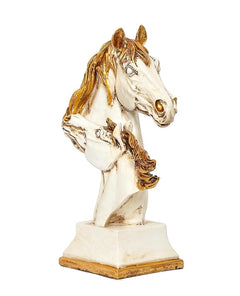 White and gold polyresin double horse head decor, front view on square pedestal