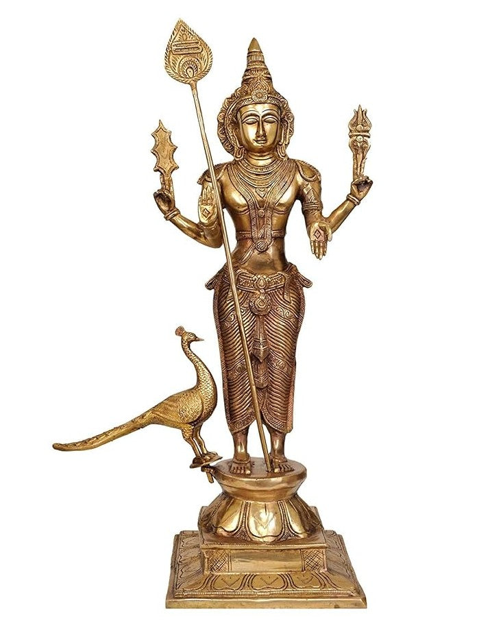 Brass Lord Kartikeya idol standing with peacock and trident, 23.5 in height