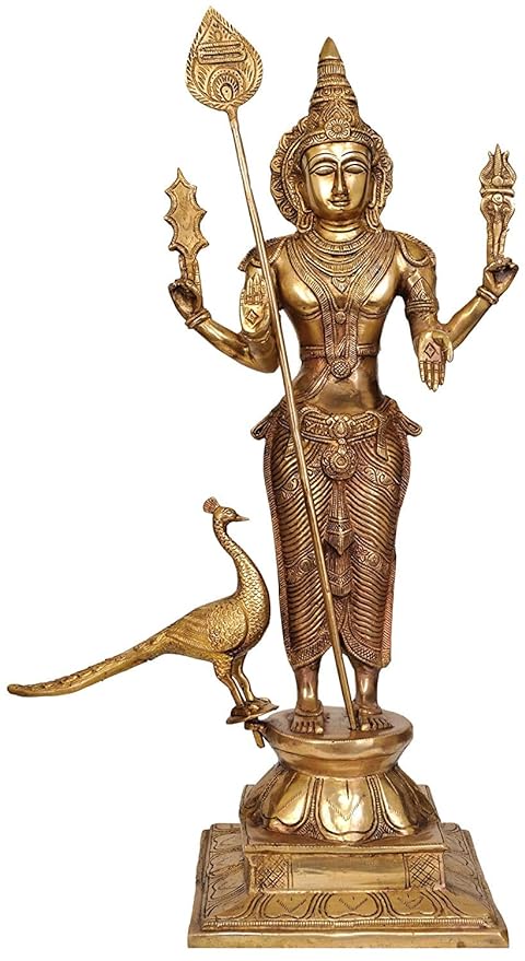 Lord Swami Kartikeya Ji/Kartik Statue with Peacock Brass Murugan Subramanya Murti Height 23.5 Inches