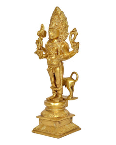 Brass Kal Bhairava idol in side view, ornate crown and four raised hands