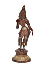 Brass Parvati goddess idol, rear view with crown, carved back, and rounded base