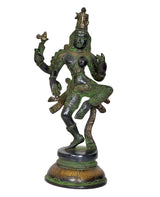 Brass Ardhanrishvara statue showing raised hands, seated side pose, green-gold detailing
