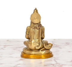 Brass Hanuman meditating idol, back view with carved hair and robe pattern