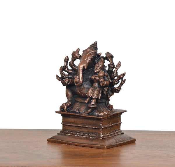 Copper Lord Ganesha  Seated with Riddhi Idol Statue (Height 3.5 Inch) Study Setting