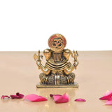 Brass Lord Ganesha idol with Om emblem on crown, seated posture, raised hands