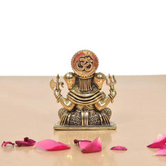 Brass Lord Ganesha idol with Om emblem on crown, seated posture, raised hands