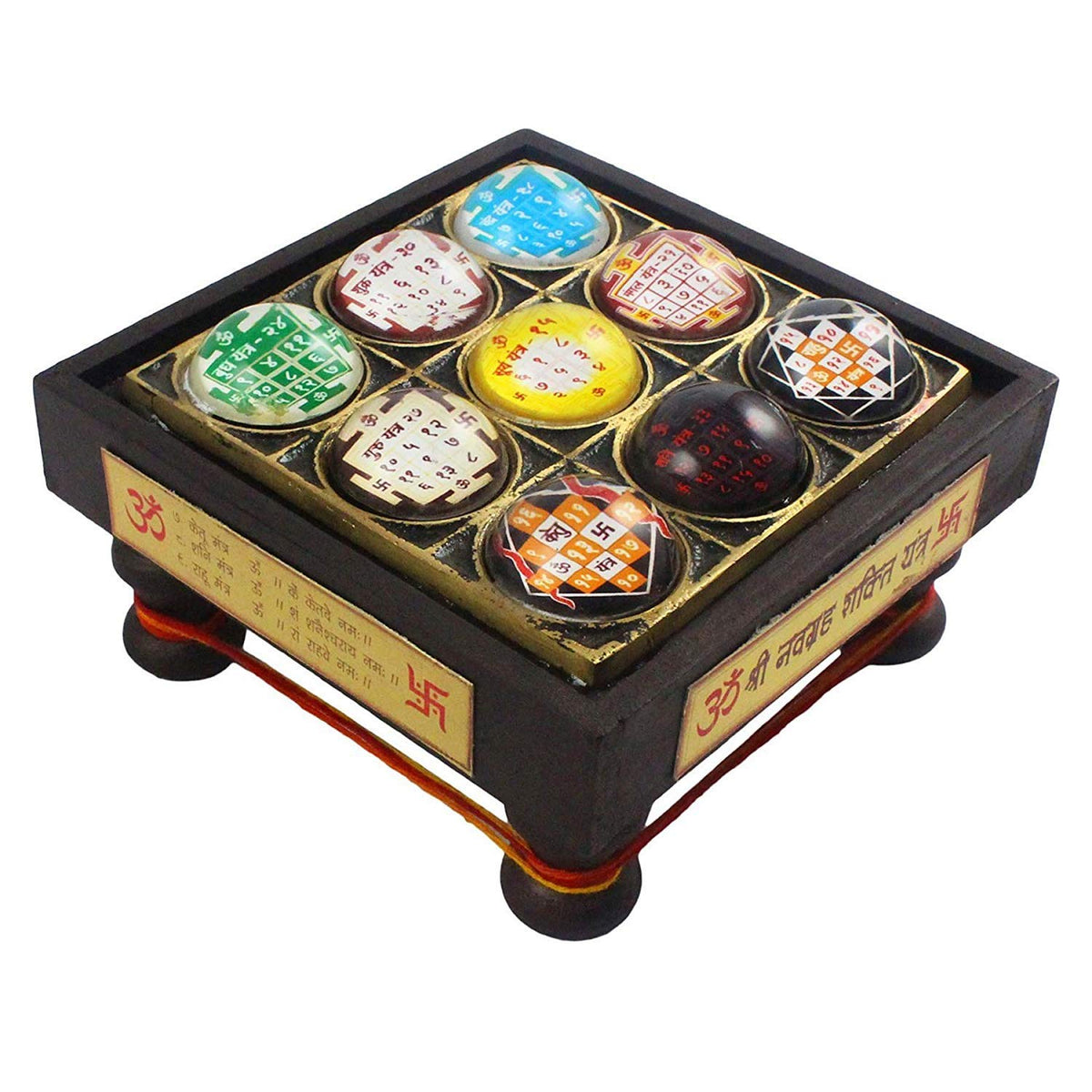 Wooden Navgrah Chowki with 3D glass yantra, nine planet circles, 8x8 cm