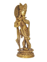 Brass Krishna idol statue rear three-quarter view, raised halo and crown details