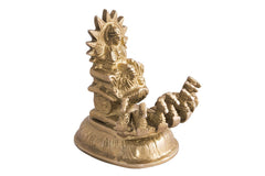 Golden brass Surya Dev chariot figurine, angled view, raised arms on round base