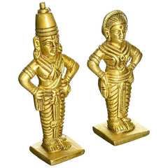 Vitthal & Rukmini brass idol statues, gold finish, two-piece set on square bases