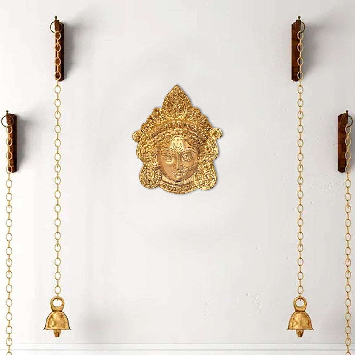 Brass Maa Durga face wall hanging with dangling chain and small bell charm