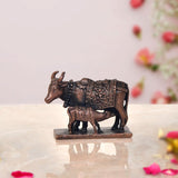 Copper cow statue with calf, 1.5-inch, dark bronze finish, ornate decorated saddle