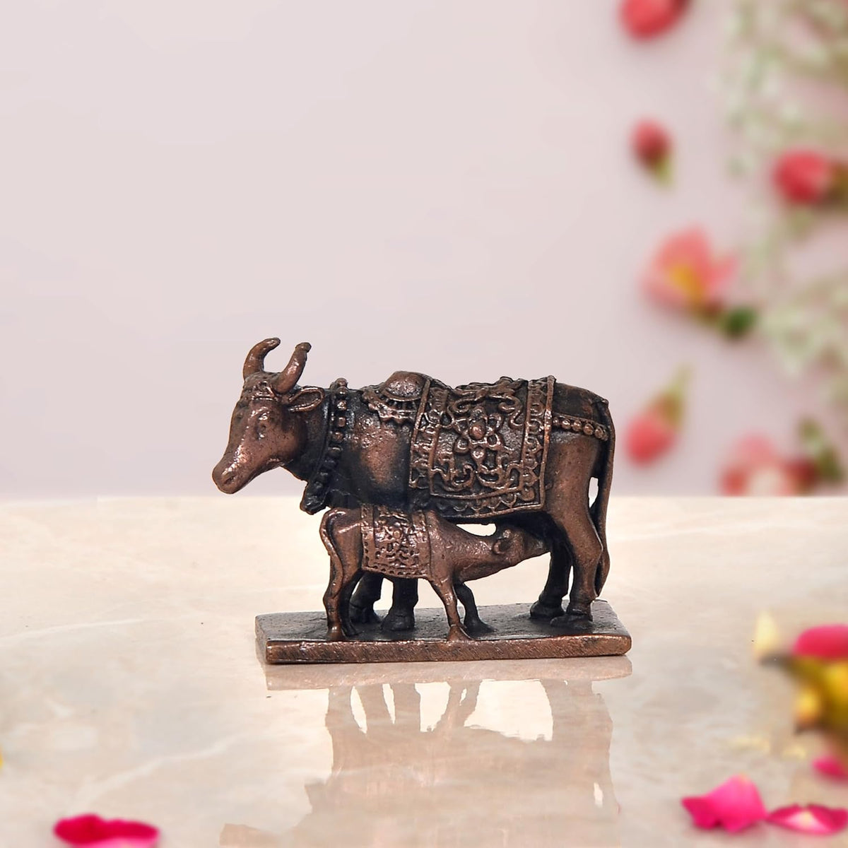Copper cow statue with calf, 1.5-inch, dark bronze finish, ornate decorated saddle