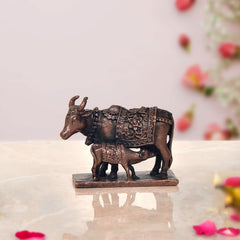 Copper cow statue with calf, 1.5-inch, dark bronze finish, ornate decorated saddle