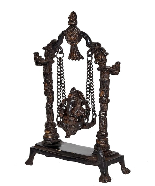 Ganesha Playing On Swing Brass Statue Idol, (Height 9 Inch) Study Setting