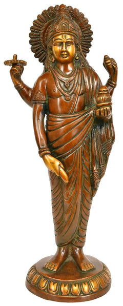 Brass Dhanvantari statue with crown and raised hands, draped figure, front view