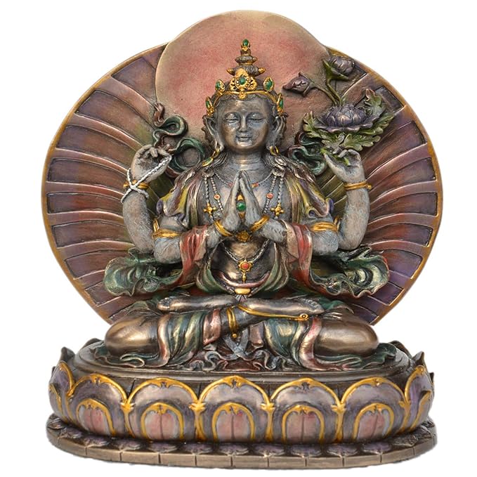 Resin Bodhisattva Avalokiteshvara statue in prayer, detailed gold halo and seated base