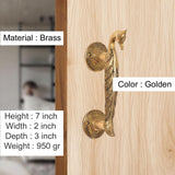 Golden brass peacock door handle pair, curved lever with leaf-like detailing