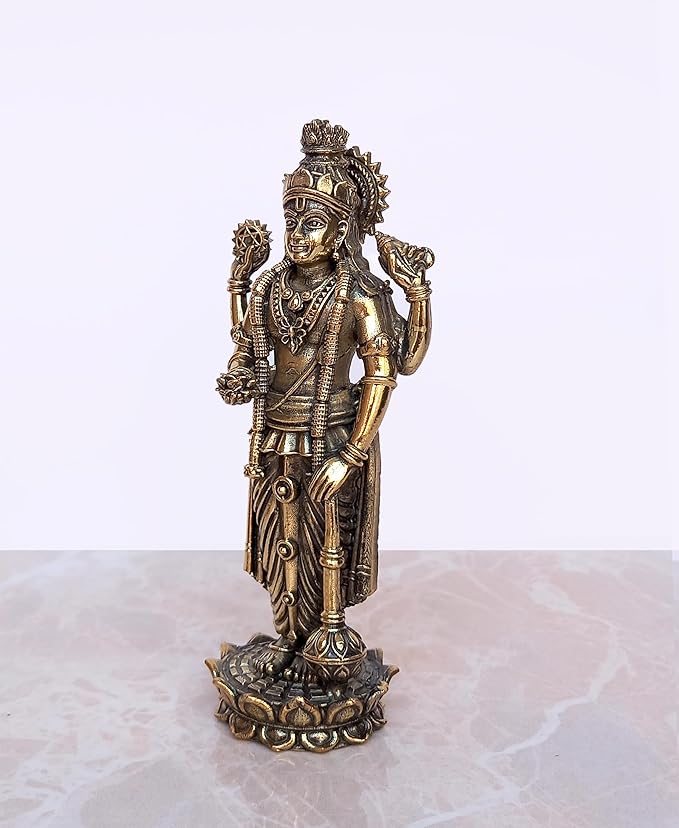 Fine Brass Lord Vishnu Idol Statue for mandir Temple Showpiece, (Height 4 Inch)