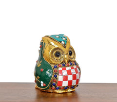 Metal owl decorative showpiece statue angled view, gold face with checkered belly