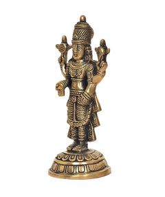 Brass Tirupati Balaji idol statue, side view, patterned lower garment and pedestal