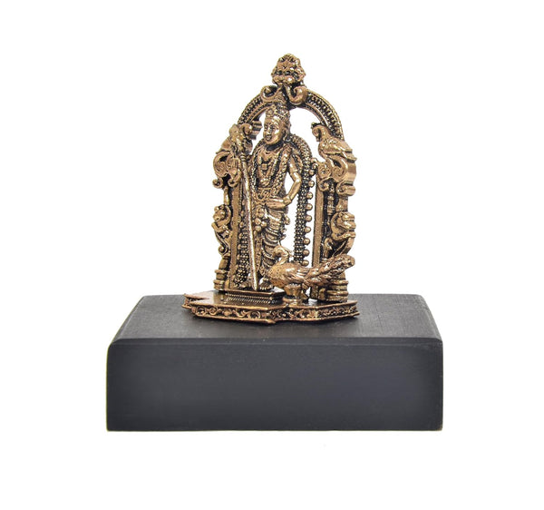 Superfine Brass Standing Lord Kartikeya with Peacock and Kirtimukha Prabhavali Murugan Murti (Height:2 Inch) Study Setting