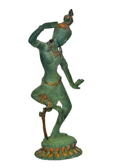 Dancing Shiv Parvati brass statue idol with trident, green patina, round decorative base