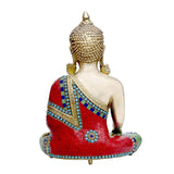 Rückansicht Brass Buddha-Idol im Sitzen, Bhumisparsha Mudra, rotes Gewand, goldene Details