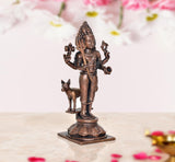 Shree Kal Bhairav idol, copper tone with animal companion near feet, detailed pedestal base