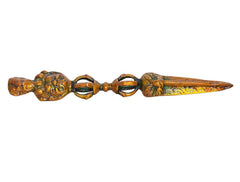 Full-length multicolor brass phurba dagger pendant with carved figure heads