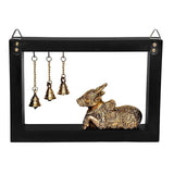 Framed brass Nandi idol figurine with hanging bells on chains, 9 in wall showpiece
