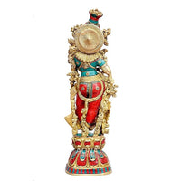 Brass Radha Rani idol with halo, multicolour painted attire, side/back view