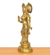 Brass Radha murti idol from the side, raised hands and textured ornaments