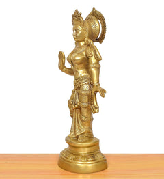 Brass Radha murti idol from the side, raised hands and textured ornaments