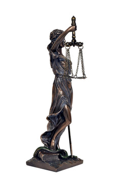 Back view Lady Justice resin figurine holding balance scale overhead, sword visible